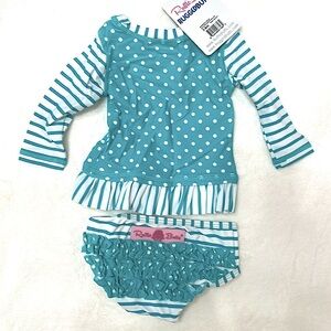 Ruffle Butts aqua Striped Polka Swim Suit and Rash Guard